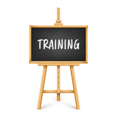 Ahşap sehpada gerçekçi siyah karatahta. Tahta tahta çerçeveli ve üç ayaklı. Metin, yazı veya çizim yüzeyi olan sunum tahtası. Çevrimiçi çalışma, öğrenme modeli. Vektör illüstrasyonu.