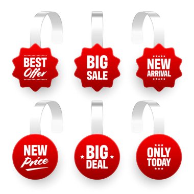 Süpermarket tanıtım sallantıları beyaz arka planda izole edilmiş. Rafların reklamını yapmak için gerçekçi bir şablon. Reklam metniyle indirimli veya indirimli etiket. Özel fiyat etiketi. Vektör illüstrasyonu