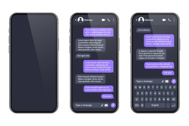 Mesajlaşma uygulaması olan gerçekçi bir akıllı telefon. SMS metin çerçevesi. Menekşe mesaj baloncukları ve yer tutucu metin ile sohbet ekranı. Sosyal medya uygulaması. Vektör illüstrasyonu