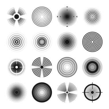Çeşitli silah görüşleri, siyah nişan simgeleri. Nişan al, nişan işareti sembolü. Askeri hedef işareti, siluet. Radyal sonar ses dalgaları, radyo sinyali. Vektör illüstrasyonu.