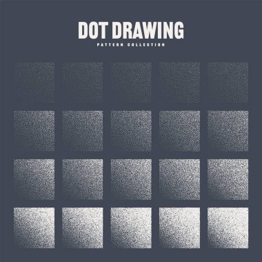 Kare şeklinde noktalı nesneler, noktalı elementler. Noktalama, noktalama çizimi, noktalar kullanarak gölgeleme. Piksel ayrışması, yarım ton etkisi. Beyaz gürültü tanecikli doku. Gittikçe azalıyor. Vektör illüstrasyonu.