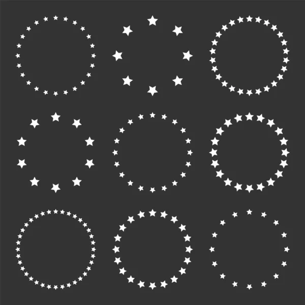Λευκά Αστέρια Διαφόρων Μεγεθών Τοποθετημένα Κύκλο Στρογγυλό Πλαίσιο Σύνορα Μαύρο — Διανυσματικό Αρχείο