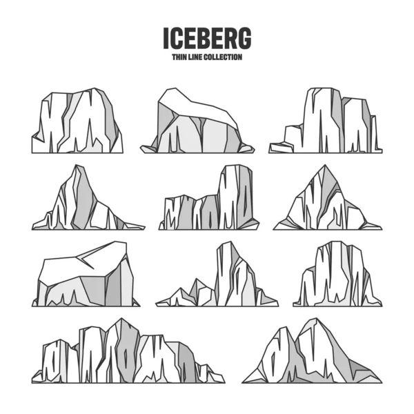Various floating icebergs. Drifting arctic glacier, block of frozen ocean water. Icy mountains with snow. Melting ice peak. Antarctic snowy landscape. Outline drawing, sketch. Vector illustration.