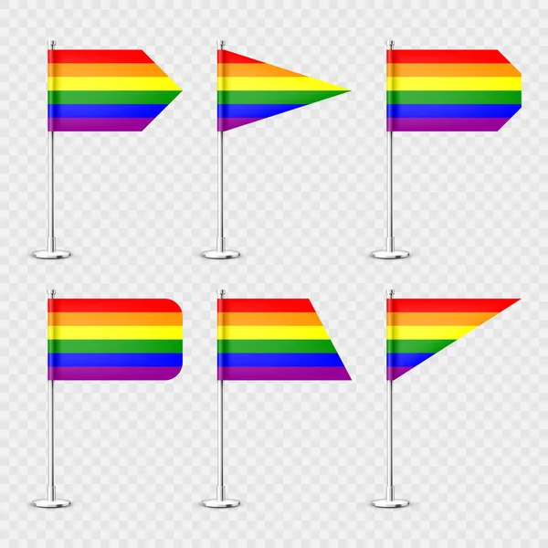 Realistisch Diverse Tafelvlaggen Een Chromen Stalen Paal Rainbow Lgbt Bureau — Stockvector