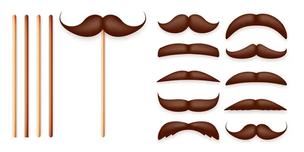 Realistic Fake Mustache Wooden Stick Vintage Paper Mustache Carnival Holiday — Stock Vector
