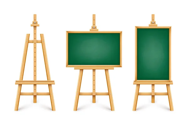 木制画架上现实的绿色黑板 三脚架上的木制框架空白黑板 演示板 文字的书写表面 在线学习 学习模仿 矢量说明 — 图库矢量图片