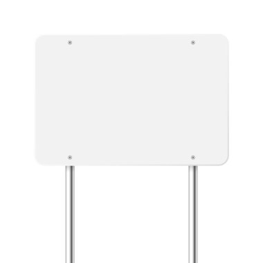 Yol, trafik işareti. Krom metal bir direkte otoyol tabelası. Yazı için yeri olan boş beyaz tahta. Yön işareti ve yol bulucu. Bilgi işareti modeli. Vektör illüstrasyonu