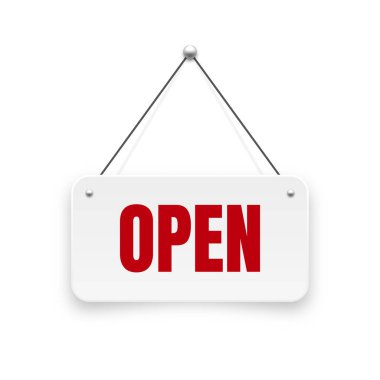 Gerçekçi açık tabela. Kafe, restoran, bar ya da perakende mağazası için klasik kapı tabelası. Duyuru pankartı, iş ya da hizmet için bilgi tabelası. Vektör illüstrasyonu.