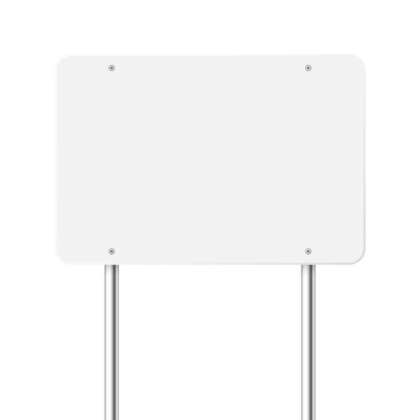 Road, traffic sign. Highway signboard on a chrome metal pole. Blank white board with place for text. Directional signage and wayfinder. Information sign mockup. Vector illustration