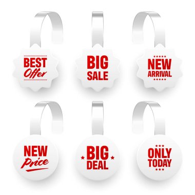 Süpermarket tanıtım sallantıları beyaz arka planda izole edilmiş. Rafların reklamını yapmak için gerçekçi bir şablon. Reklam metniyle indirimli veya indirimli etiket. Özel fiyat etiketi. Vektör illüstrasyonu