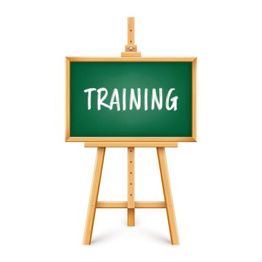 Ahşap sehpada gerçekçi yeşil karatahta. Tahta tahta çerçeveli ve üç ayaklı. Metin, yazı veya çizim yüzeyi olan sunum tahtası. Çevrimiçi çalışma, öğrenme modeli. Vektör illüstrasyonu.