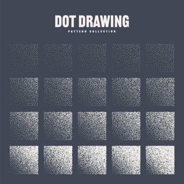 Kare şeklinde noktalı nesneler, noktalı elementler. Noktalama, noktalama çizimi, noktalar kullanarak gölgeleme. Piksel ayrışması, yarım ton etkisi. Beyaz gürültü tanecikli doku. Gittikçe azalıyor. Vektör illüstrasyonu.