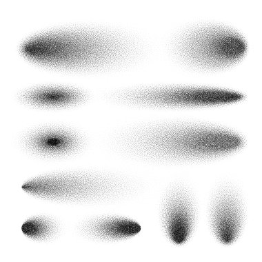 Noktalı gölgeler belirlendi, noktalı tasarım elementleri. Gittikçe azalıyor. Noktalama, noktalama çizimi, noktalar kullanarak gölgeleme. Piksel ayrışması, yarım ton etkisi. Beyaz gürültü tanecikli doku. Vektör illüstrasyonu.