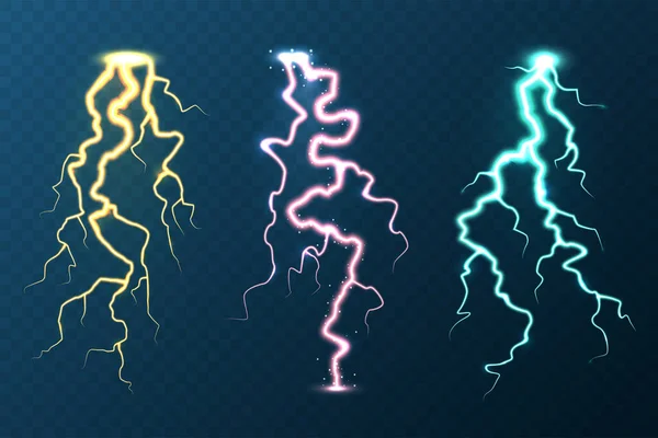 Realistic colorful lightning collection on blue background. Thunderstorm and lightning bolt. Sparks of light. Stormy weather effect. Vector illustration.