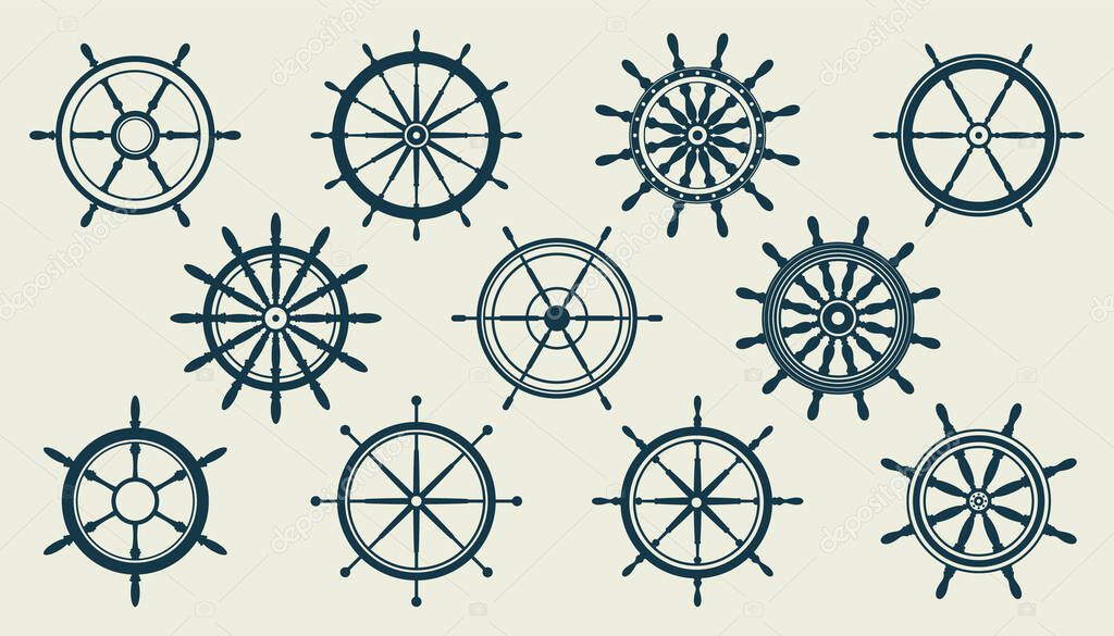 Collection of vintage steering wheels. Ship, yacht retro wheel symbol. Nautical rudder icon. Marine design element. Vector illustration.
