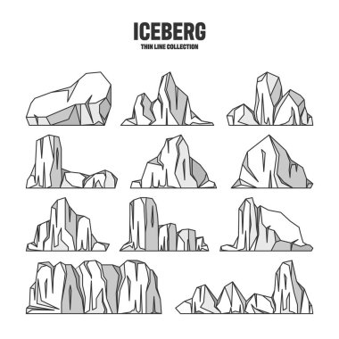 Various floating icebergs. Drifting arctic glacier, block of frozen ocean water. Icy mountains with snow. Melting ice peak. Antarctic snowy landscape. Outline drawing, sketch. Vector illustration.