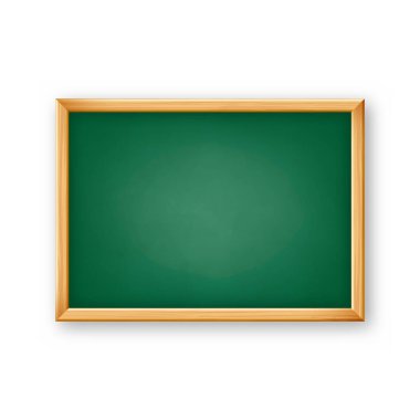 Ahşap çerçeveli, gerçekçi, boş bir karatahta. Üzerinde tebeşir izleri olan okul tahtası, yazı ve çizim için yüzey. Sunum kurulu, online çalışma ve e-öğrenme. Vektör illüstrasyonu.