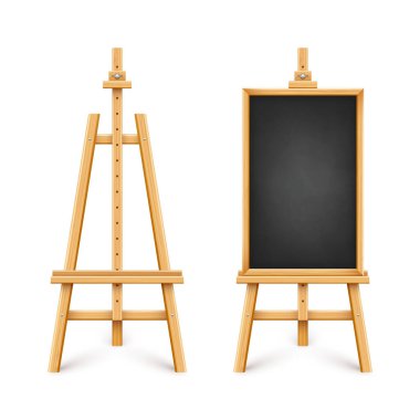 Ahşap sehpada gerçekçi siyah karatahta. Tahta karatahta, tahta çerçevede, tripodun üzerinde. Sunum tahtası, yazı yüzeyi, yazı, çizim. Çevrimiçi çalışma, öğrenme modeli. Vektör illüstrasyonu.