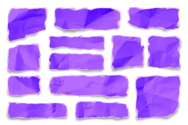 Violett Gerissene Papierstreifen Auf Weißem Hintergrund Realistische Bunte Zerknüllte Papierreste — Stockvektor