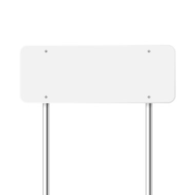 Yol, trafik işareti. Krom metal bir direkte otoyol tabelası. Yazı için yeri olan boş beyaz tahta. Yön işareti ve yol bulucu. Bilgi işareti modeli. Vektör illüstrasyonu