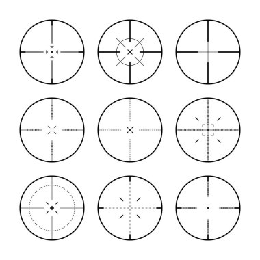 Çeşitli keskin nişancı tüfeği görüşleri, silah optik dürbün görüşü. Avcı silahı dürbünü. Atış işareti, nişan al. Askeri hedef işareti. Oyun arayüzü UI ögesi. Vektör illüstrasyonu.