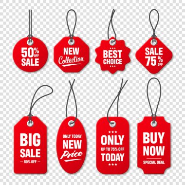 Gerçekçi kırmızı fiyat etiketleri koleksiyonu. Özel teklif ya da indirim etiketi. Satış kağıdı çıkartması. Mesajlı tanıtım kartı. Vektör illüstrasyonu