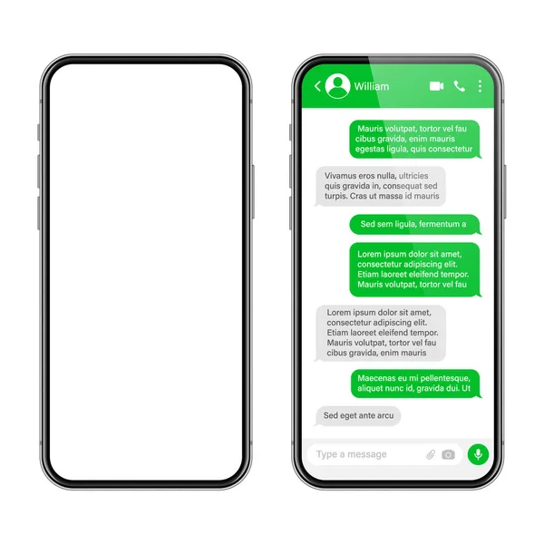 Realistický Smartphone Aplikací Pro Zasílání Zpráv Textový Rámec Sms Obrazovka — Stockový vektor