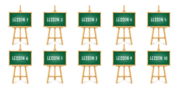 木制画架上现实的绿色黑板 三脚架上的木制框架黑板 展示板与文字 书写或绘图表面 在线学习 学习模仿 矢量说明 — 图库矢量图片