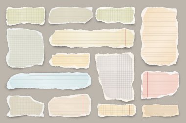 Yırtılmış renkli kağıt şeritler. Yırtık kenarlı gerçekçi kağıt kırıntıları. Defter sayfalarının parçalarını dizdim. Vektör illüstrasyonu