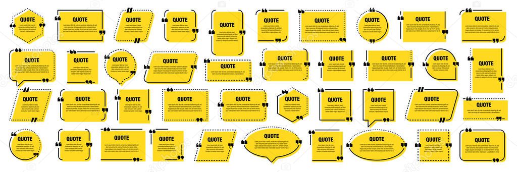 Set of yellow isolated quote frames. Speech bubbles with quotation marks. Blank text box and quotes. Blog post template. Vector illustration
