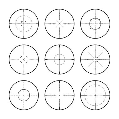 Çeşitli keskin nişancı tüfeği görüşleri, silah optik dürbün görüşü. Avcı silahı dürbünü. Atış işareti, nişan al. Askeri hedef işareti. Oyun arayüzü UI ögesi. Vektör illüstrasyonu.