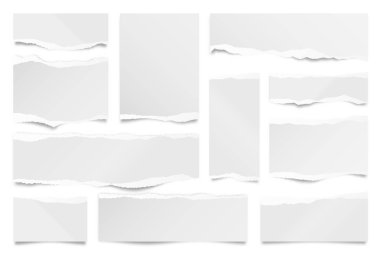 Yırtılmış kağıt şeritler beyaz arkaplanda izole edilmiş. Yırtık kenarlı gerçekçi kağıt kırıntıları. Yapışkan notlar, defter sayfalarının parçaları. Vektör illüstrasyonu