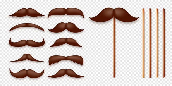 Realistic Fake Mustache Wooden Stick Vintage Paper Mustache Carnival Holiday — Stock Vector