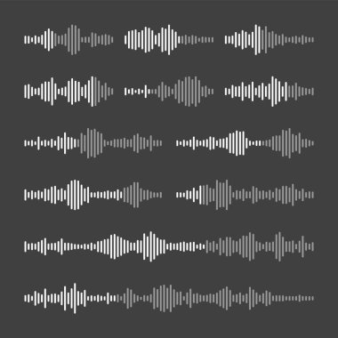 Sesli mesaj, posta. Sosyal medya sohbeti. Mesajlaşma uygulaması, müzik çalar, ses veya video düzenleyici arayüzü ögesi. Ses kaydedici yardımcısı. Ses dalgaları. Karanlık mod. Vektör illüstrasyonu.