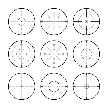 Çeşitli keskin nişancı tüfeği görüşleri, silah optik dürbün görüşü. Avcı silahı dürbünü. Atış işareti, nişan al. Askeri hedef işareti. Oyun arayüzü UI ögesi. Vektör illüstrasyonu.
