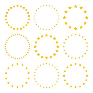 Çemberde çeşitli boyutlarda yıldızlar var. Yuvarlak çerçeve, sınır. Sarı yıldız şekli, basit bir sembol. Tasarım elemanı, süs. Vektör illüstrasyonu.