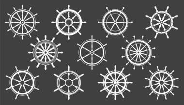 Beyaz vintage direksiyon koleksiyonu. Gemi, yat retro tekerlek sembolü. Denizci dümeni simgesi. Deniz tasarım elemanı. Vektör illüstrasyonu.
