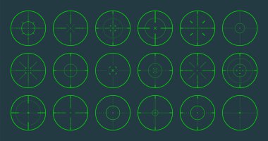 Çeşitli keskin nişancı tüfeği gece görüşü, silah optik dürbün taraması. Av tüfeği yeşili dürbün. Atış işareti, nişan al. Askeri hedef işareti. Oyun arayüzü UI ögesi. Vektör illüstrasyonu.