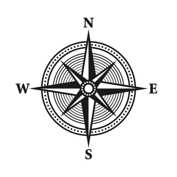 Vintage marine wind rose, nautical chart. Monochrome navigational compass with cardinal directions of North, East, South, West. Geographical position, cartography and navigation. Vector illustration