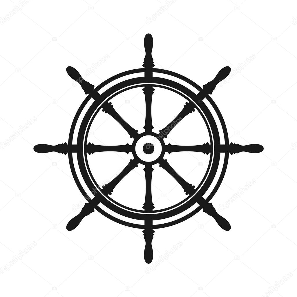 Vintage steering wheel. Ship, yacht retro wheel symbol. Nautical rudder icon. Marine design element. Vector illustration.