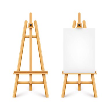 Boş beyaz tuvalli gerçekçi boya masası. Tahta sehpa ve çizim kağıdı. Tripodun üzerinde sunum tahtası. Sanatsal model, şablon. Vektör illüstrasyonu.