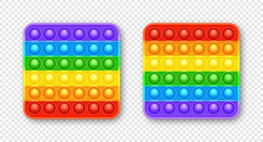 Renkli silikon anti-stres oyuncağı. Çocuklar için moda bir duyusal oyun. Gökkuşağı, parlak renkli patlamış baloncuklu hareketli oyuncağı itin. Vektör illüstrasyonu.