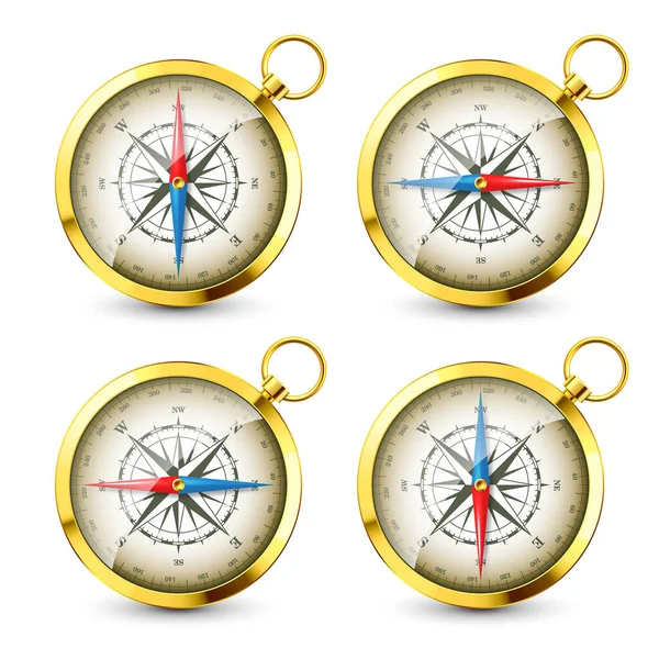 Realistický Zlatý Retro Kompas Mořskou Větrnou Růžicí Kardinálními Směry Severu — Stockový vektor
