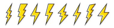 Sarı yıldırım simgeleri koleksiyonu. Flaş sembolü, yıldırım. Basit yıldırım çarpması işareti. Vektör illüstrasyonu