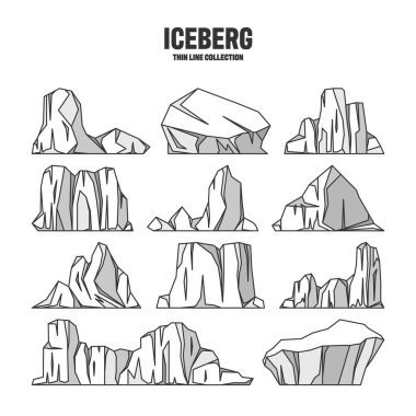 Various floating icebergs. Drifting arctic glacier, block of frozen ocean water. Icy mountains with snow. Melting ice peak. Antarctic snowy landscape. Outline drawing, sketch. Vector illustration.