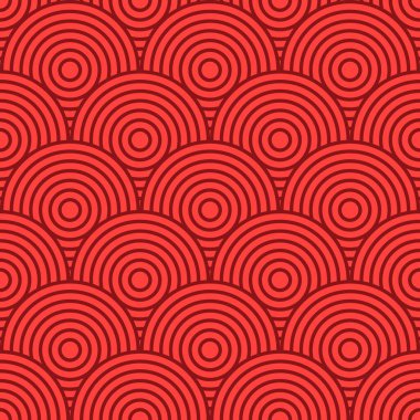 Çince ve Japonca kusursuz desen. Geleneksel Asya süsü, Doğu Yeni Yıl süsü. Modern kırmızı zemin, dalgalı geometrik doku. Vektör illüstrasyonu.