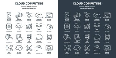Bulut bilgisayarı, internet teknolojisi, veritabanı uzaktan erişimi. Web sunuculuğu, çevrimiçi veri koruması. Bilgi güvenliği, veri paylaşımı ve yedekleme. İnce çizgi simgeleri ayarlandı. Vektör illüstrasyonu.