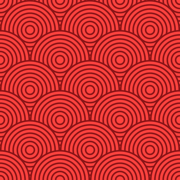 Chinese and Japanese seamless pattern. Traditional asian ornament, oriental New Year decoration. Modern red background, geometric texture with waves. Vector illustration.