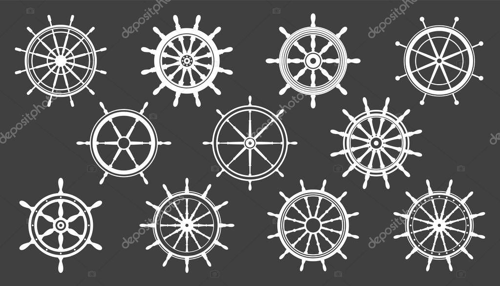Collection of white vintage steering wheels. Ship, yacht retro wheel symbol. Nautical rudder icon. Marine design element. Vector illustration.