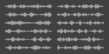 Sesli mesaj, posta. Sosyal medya sohbeti. Mesajlaşma uygulaması, müzik çalar, ses veya video düzenleyici arayüzü ögesi. Ses kaydedici yardımcısı. Ses dalgaları. Karanlık mod. Vektör illüstrasyonu.